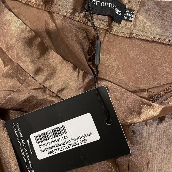 NWT Pretty Little Thing Pants Womens 20 Plus Wide Leg Brown Satin Trousers - Picture 2 of 6